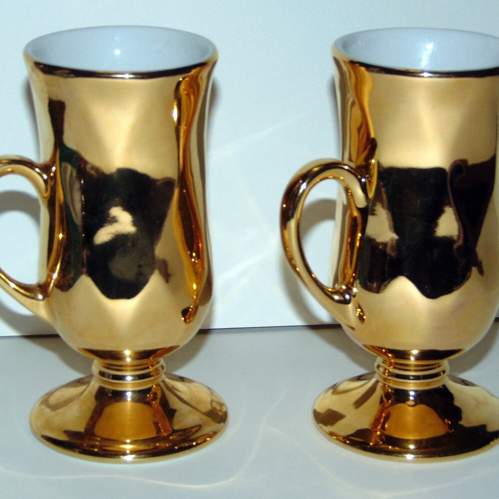 Hall China Footed 22k Gold Irish Coffee Mug #1270 Made in USA Set of 2 Vintage